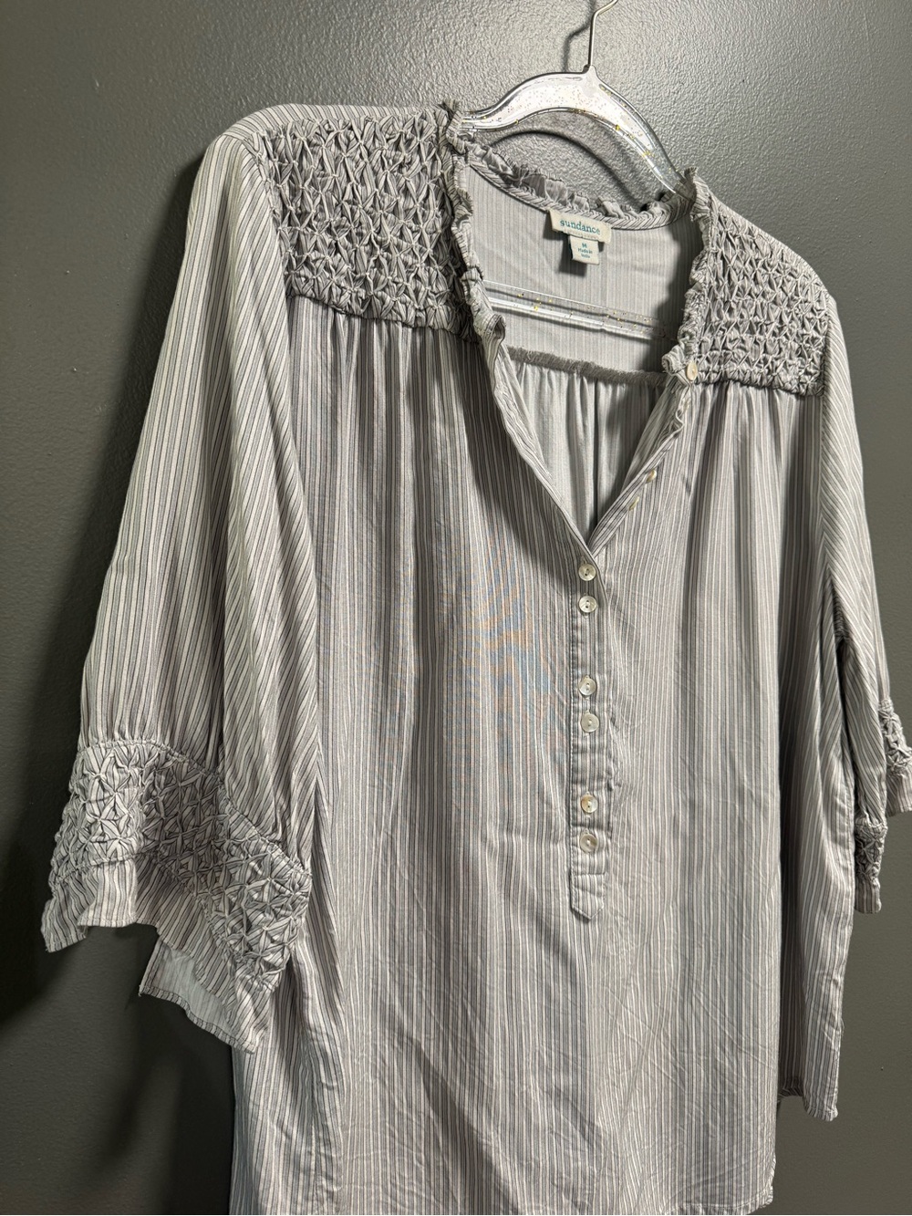 Sundance Light Grayish Blue Pinstripe Smocked Yoke Button-Front Blouse M - Picture 2 of 6